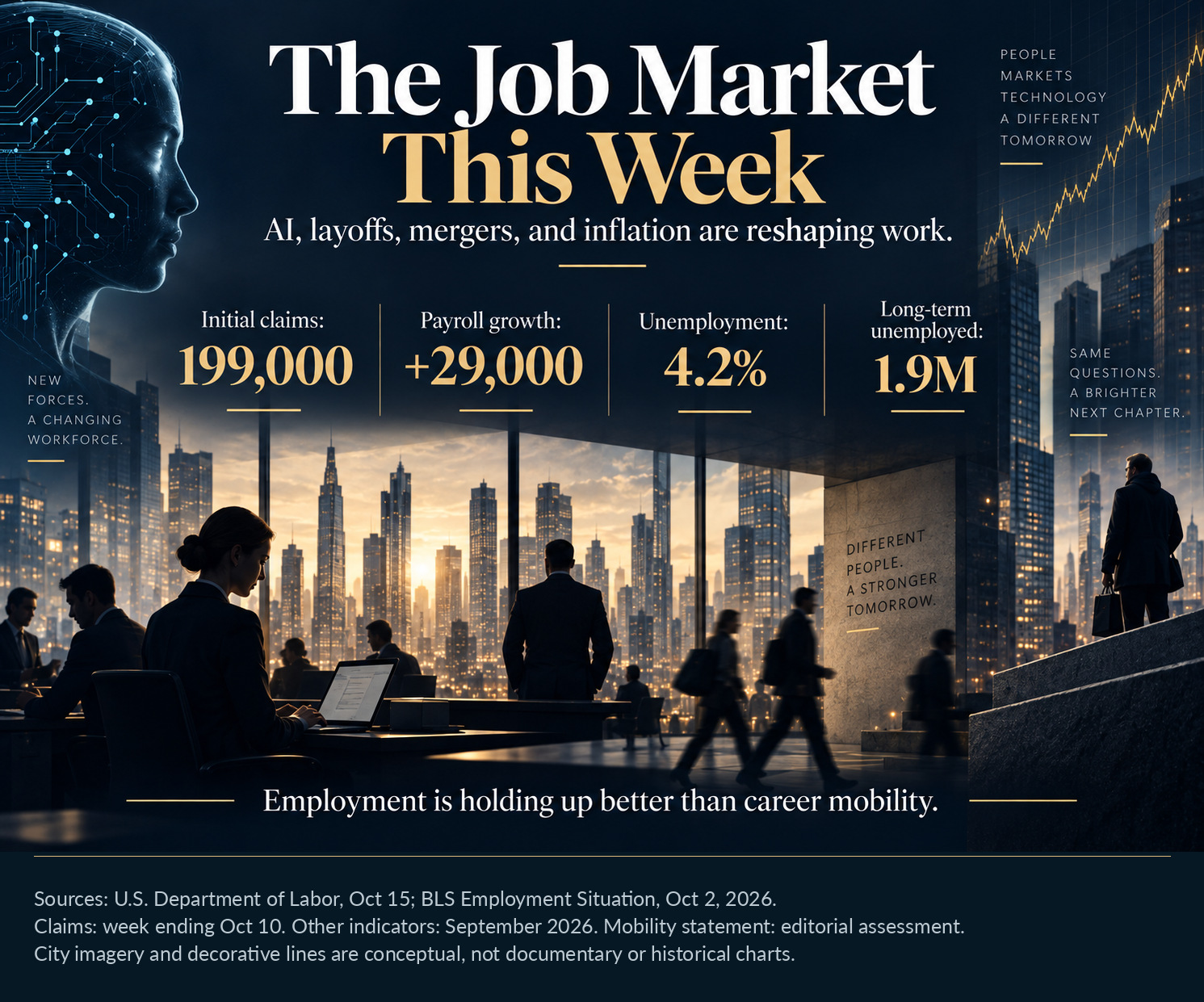 Job market overview: initial claims 199,000; September net payroll growth 29,000; unemployment 4.2%; long-term unemployed 1.9 million.