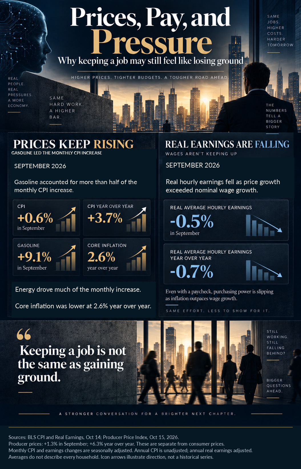 September 2026 price and earnings changes. CPI: 0.6% monthly and 3.7% yearly. Real hourly earnings: minus 0.5% monthly and minus 0.7% yearly.