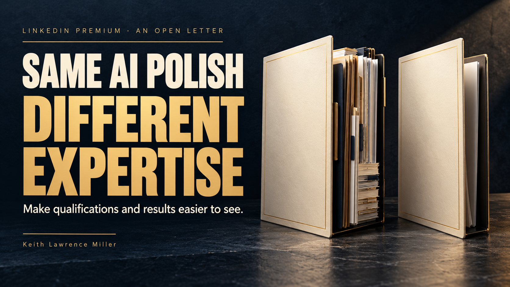 Two similarly polished portfolios with different amounts of work behind them. Text: Same AI polish, different expertise. Make qualifications and results easier to see.