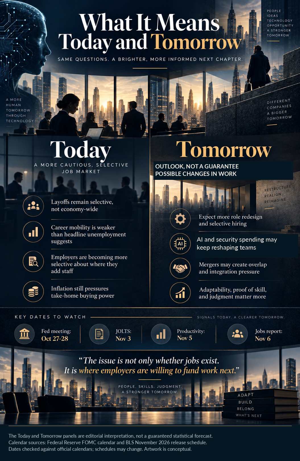 Editorial interpretation of the current labor market and possible future changes. Watch dates: Fed October 27–28, JOLTS November 3, productivity November 5, employment November 6.