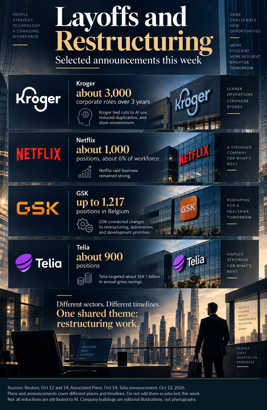 Selected announced reductions: Kroger about 3,000 corporate roles over three years; Netflix about 1,000; GSK up to 1,217 in Belgium; Telia about 900.