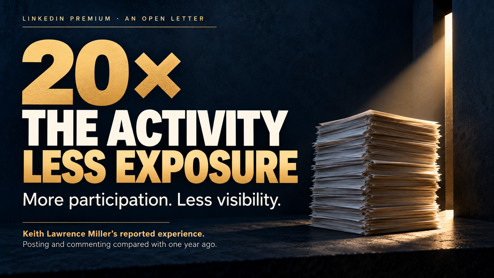 A stack of papers under a narrow beam of light. Text: 20× the activity, less exposure. Keith Lawrence Miller's reported posting and commenting experience compared with one year ago.