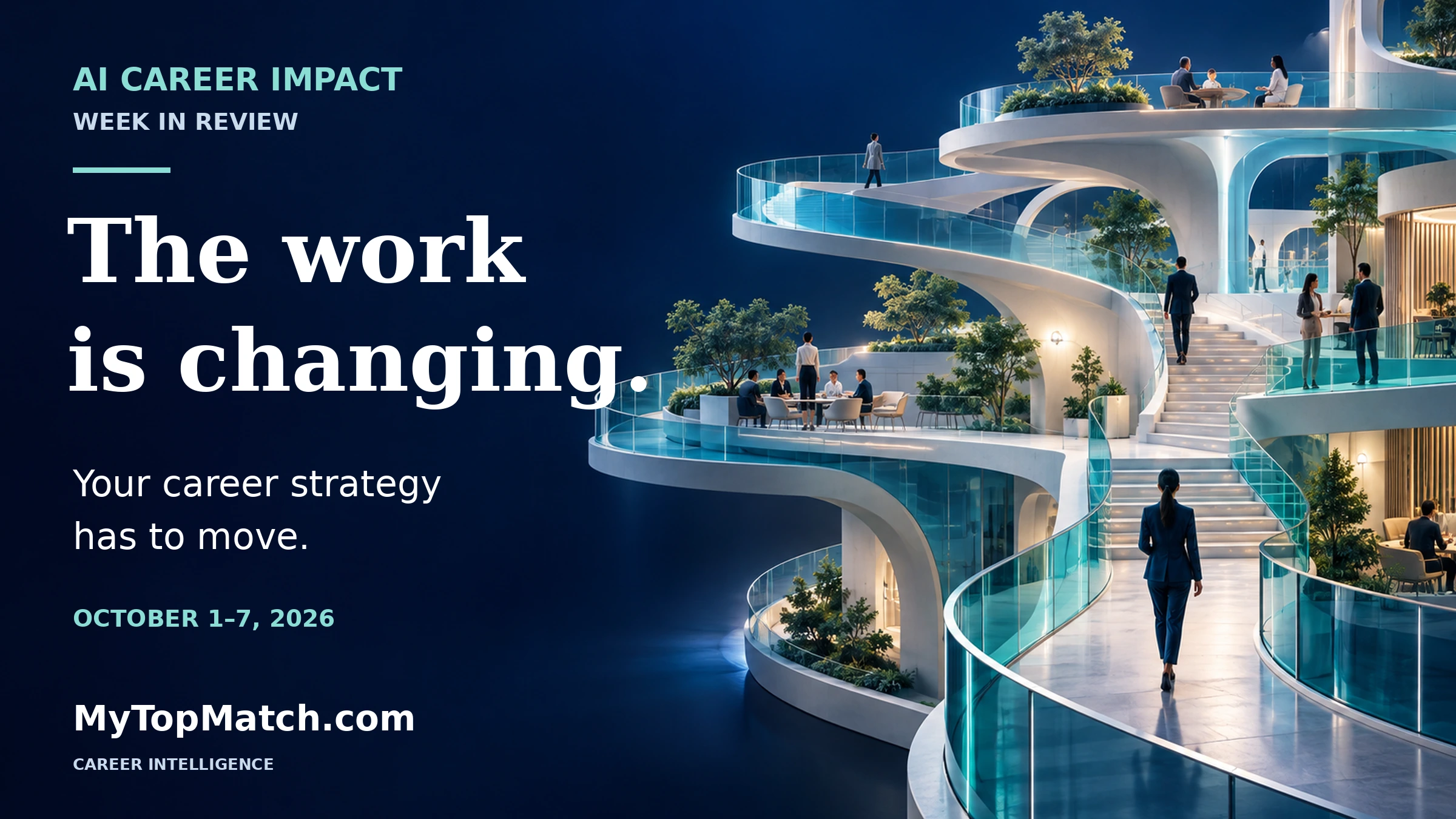 Conceptual editorial illustration of professionals navigating connected terraces and redesigned workspaces, with the article headline and MyTopMatch.com branding.