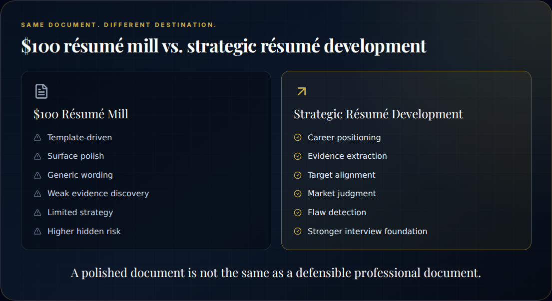 Comparison of low-cost résumé mills with strategic résumé development